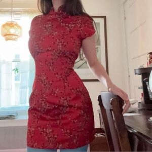 Qipao cheongsam mandarin collar cap sleeve red floral mini dress